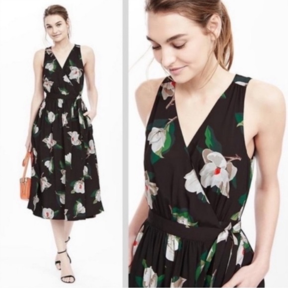 BANANA REPUBLIC Black Floral Midi Dress Spring Formal Dress - Picture 2 of 7